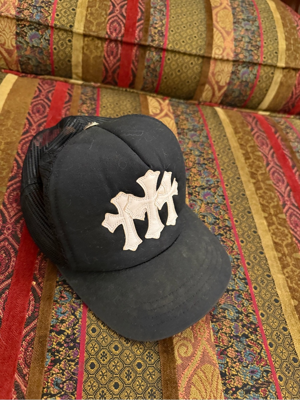 Chrome Hearts Black Trucker Hat with White Cross Patch